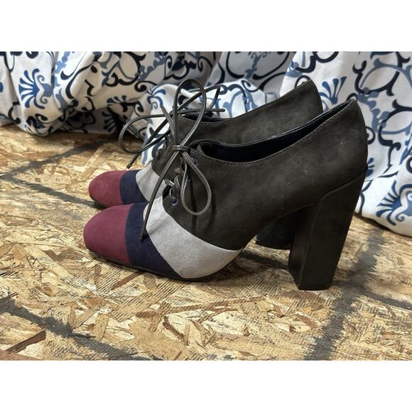 Tory Burch Stella Color-block Oxford Suede Block Heel Black Burgundy & Gray 10 - Picture 2 of 13